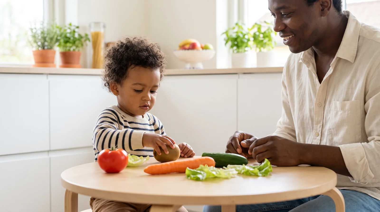 Criança explorando texturas e formas de frutas e vegetais sem pressão para comer.