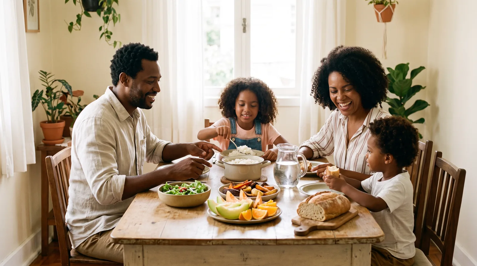 Família fazendo uma refeição tranquila à mesa, sem pressão e sem distrações digitais.