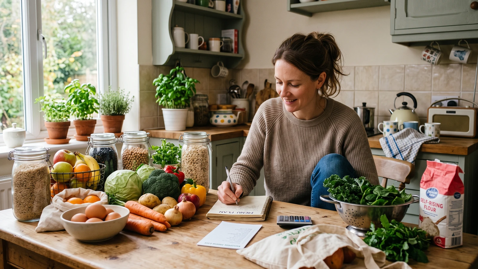 Pessoa organizando alimentos simples e acessíveis para planejar as refeições da semana.