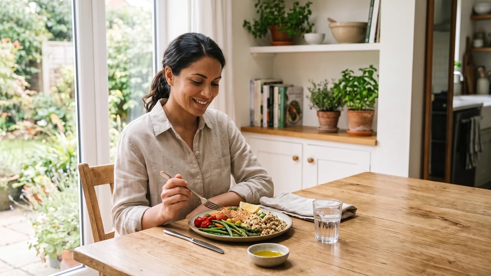 Pessoa diante de uma refeição equilibrada com legumes, proteína e cereais integrais.