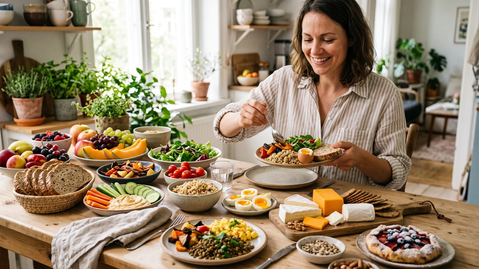 Pessoa escolhendo entre diferentes alimentos para montar uma refeição variada e equilibrada.
