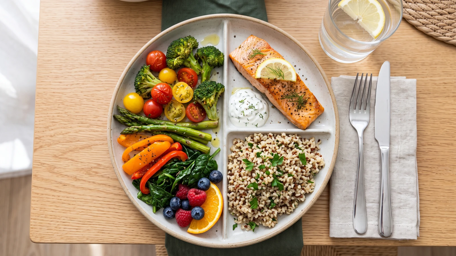 Prato equilibrado com metade de vegetais, uma porção de proteína e uma porção de carboidratos integrais.