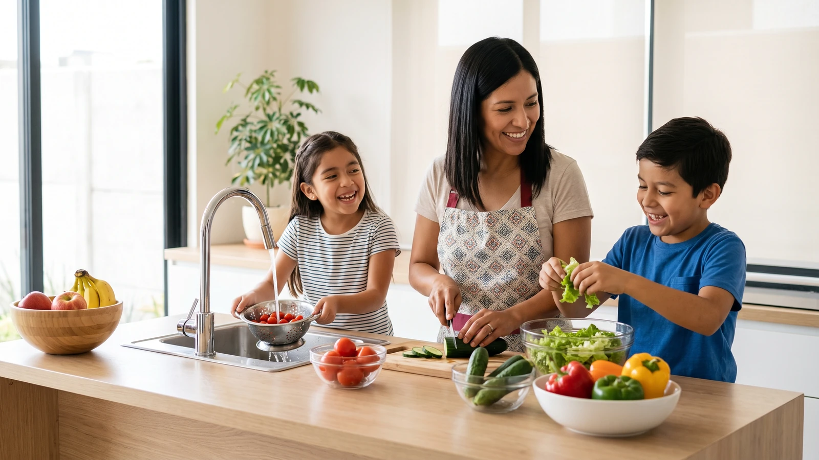 Mãe e filhos preparando uma refeição saudável juntos na cozinha