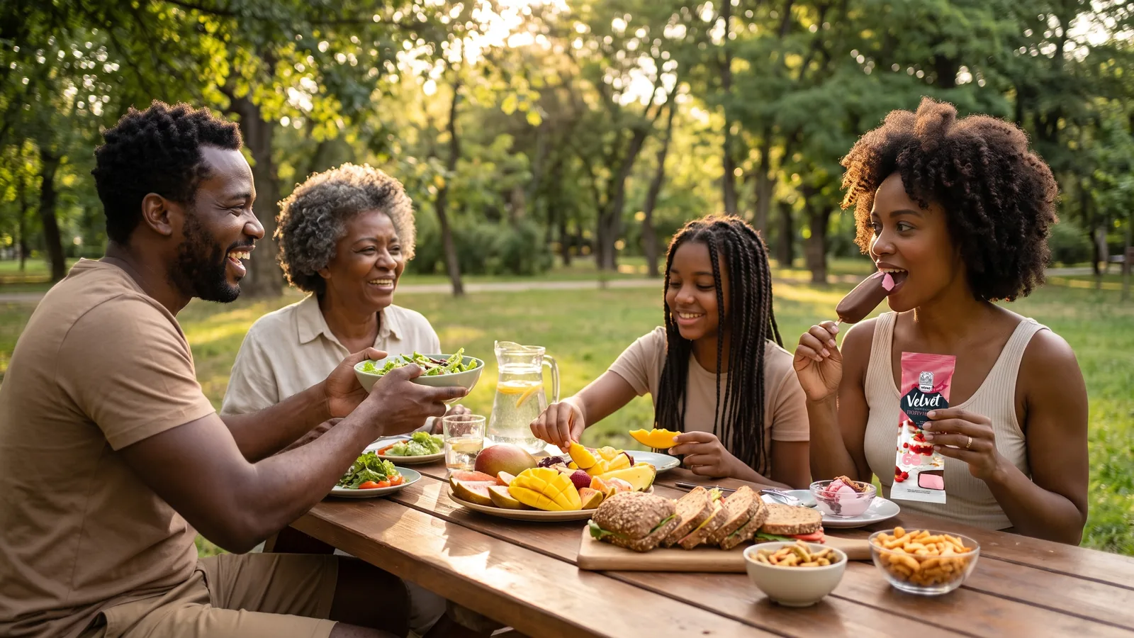 Amigos compartilhando uma refeição variada e momentos de prazer como parte de uma alimentação equilibrada