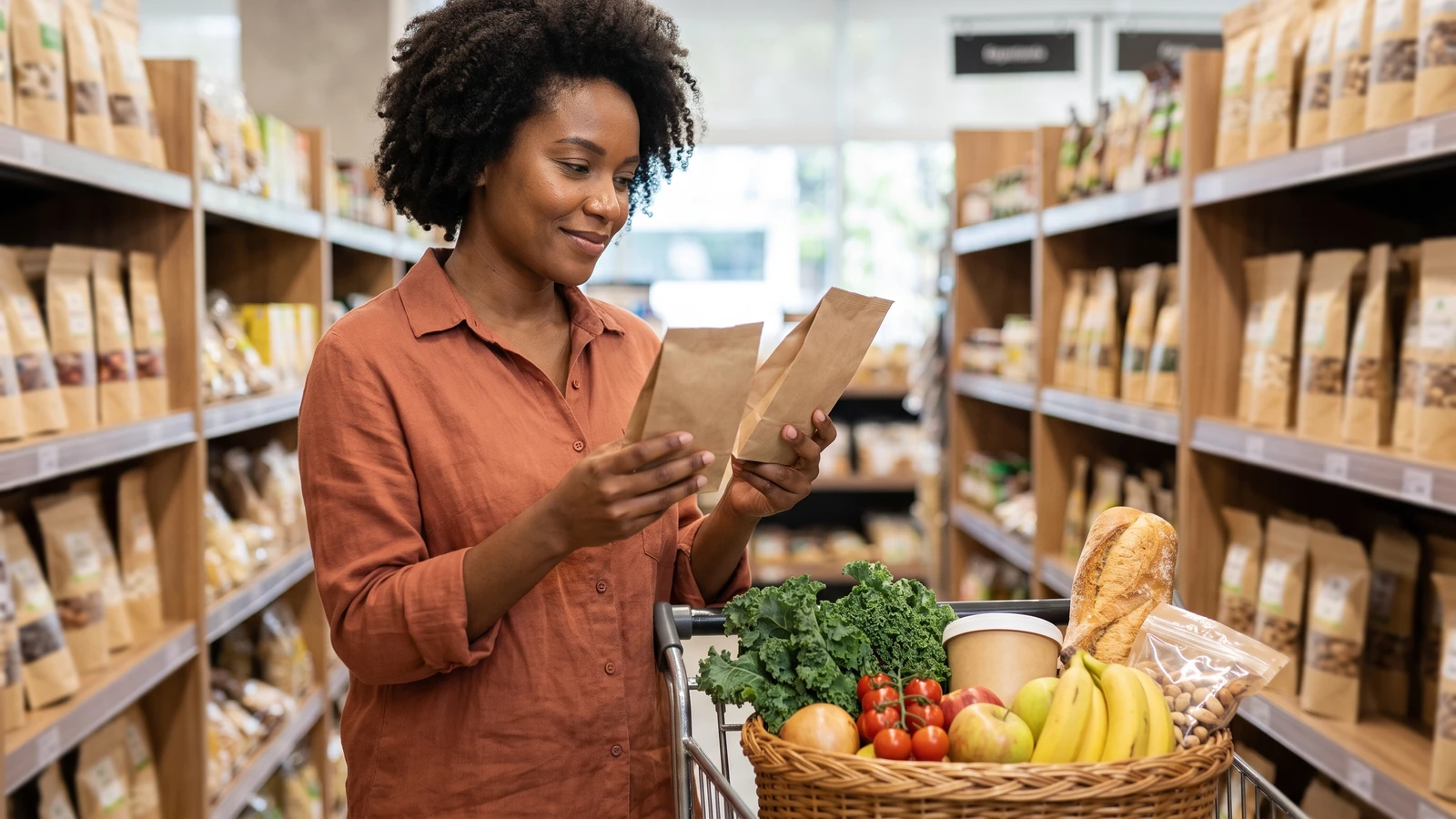 Pessoa escolhendo alimentos no supermercado como parte de uma alimentação equilibrada e consciente