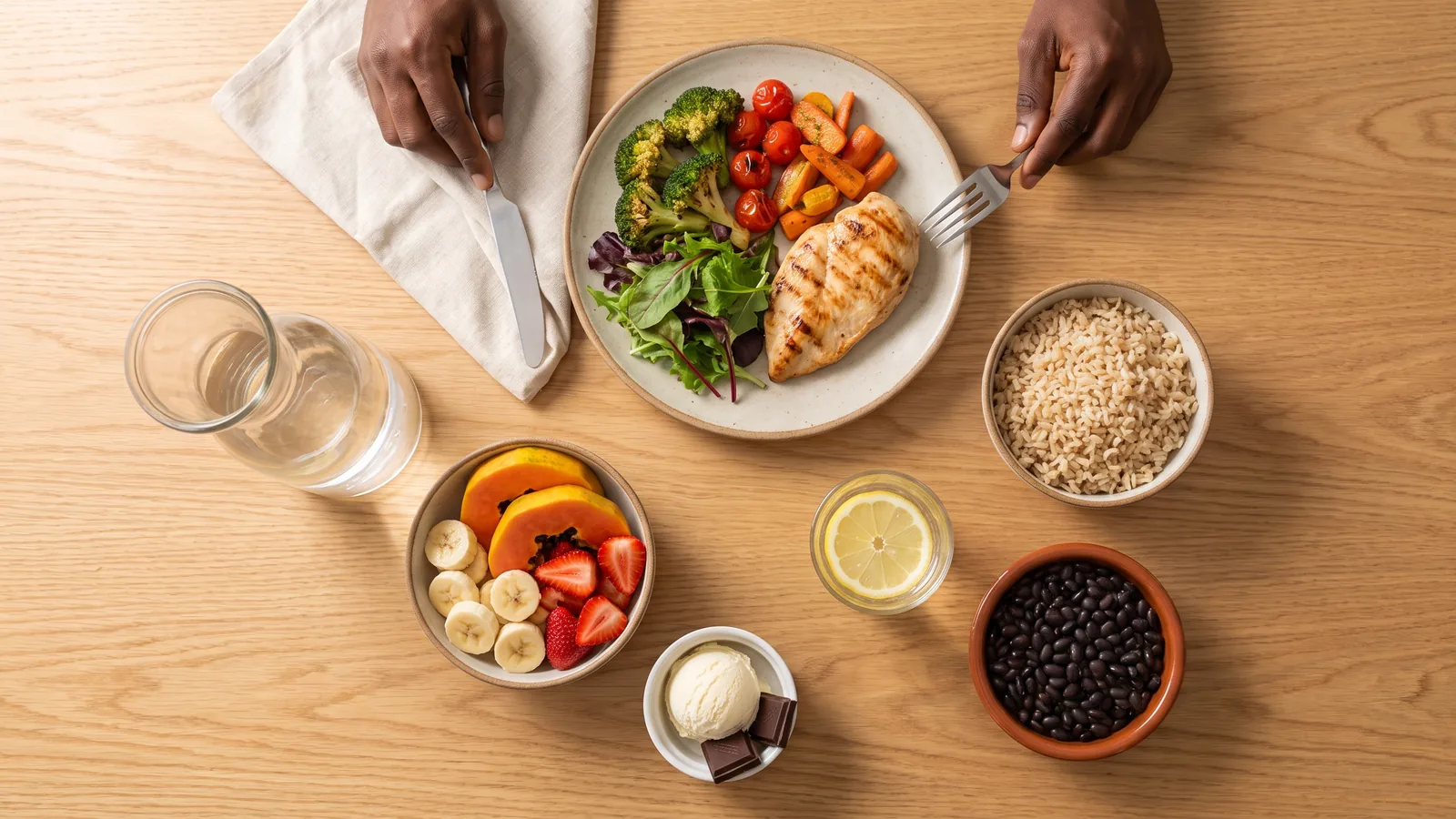 Refeição equilibrada com vegetais, proteínas, cereais, frutas e uma pequena sobremesa