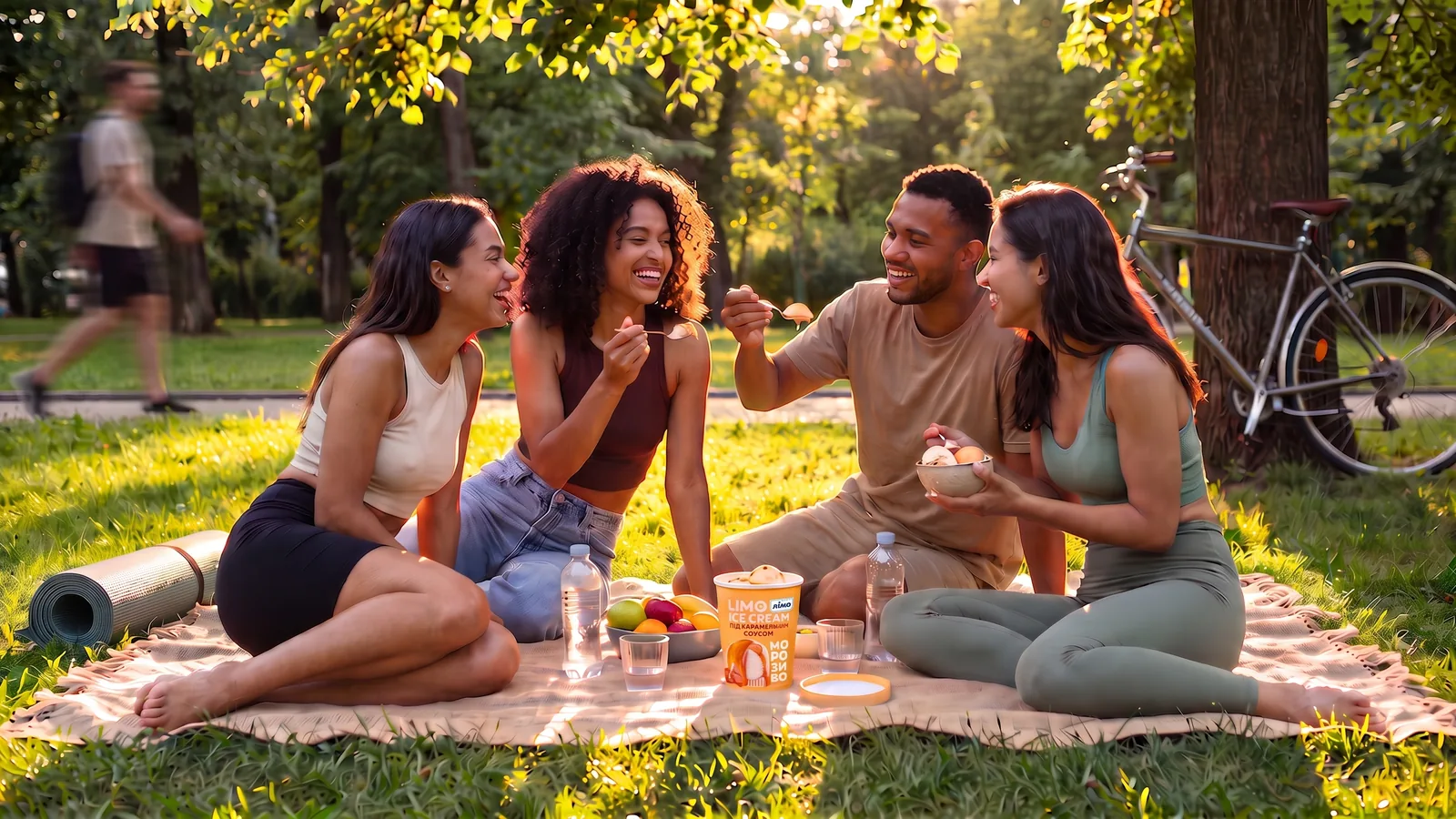 Amigos sentados em uma manta em um parque verde, conversando e dividindo um pote de sorvete Gelimo