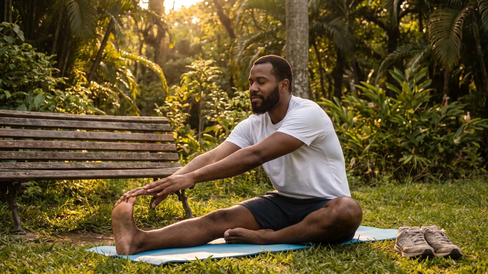 Pessoa fazendo alongamento após a corrida, relaxando os músculos das pernas em um ambiente tranquilo.