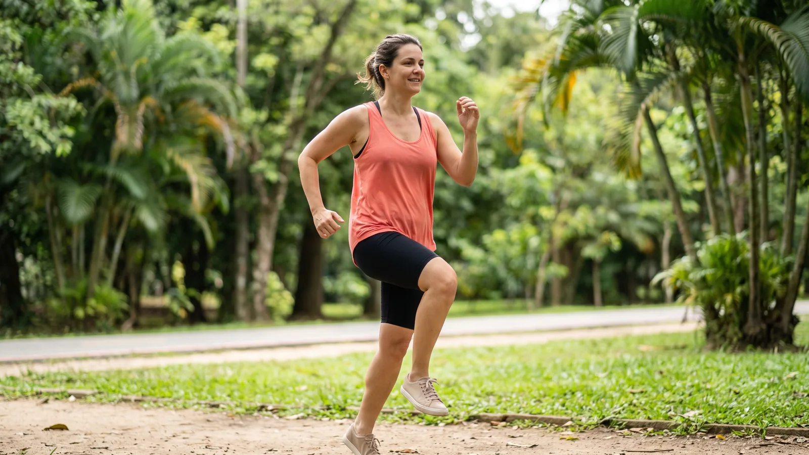 Pessoa fazendo aquecimento dinâmico antes da corrida em um parque, preparando o corpo para o exercício.