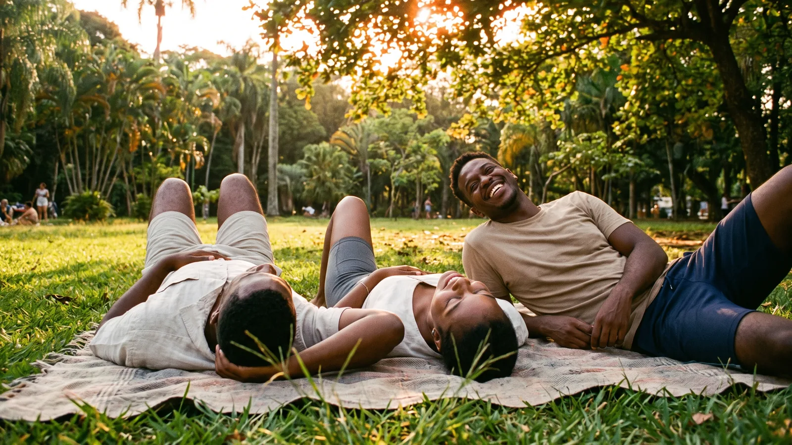 Família ou grupo de amigos descansando no parque após uma atividade leve, em um momento de equilíbrio entre movimento e pausa.