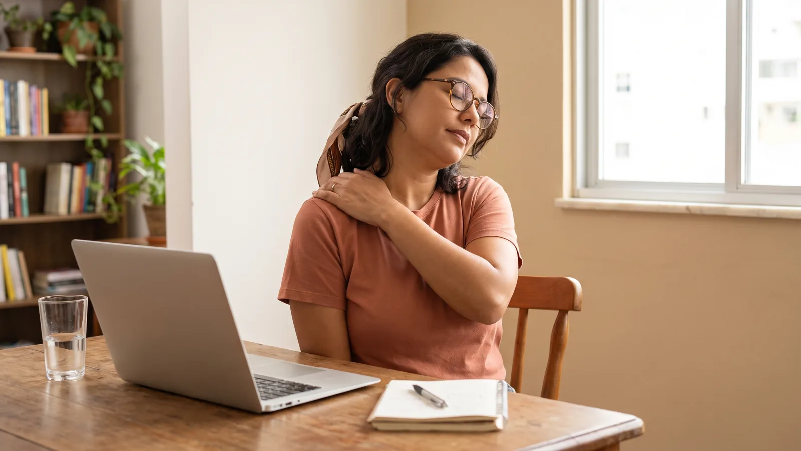 Pessoa sentindo tensão nas costas e nos ombros depois de horas de trabalho no computador