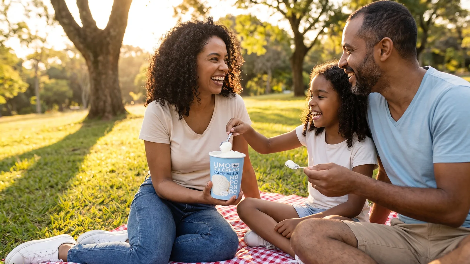 Família descansando no parque e compartilhando sorvete Gelimo após um passeio