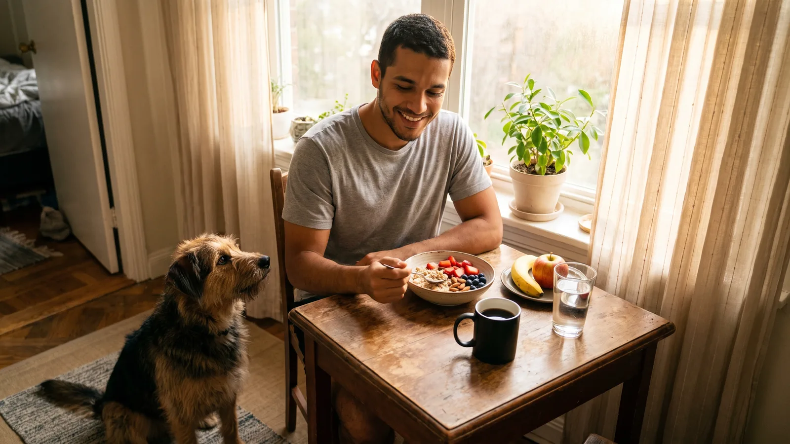 Café da manhã equilibrado com aveia, frutas vermelhas e amêndoas