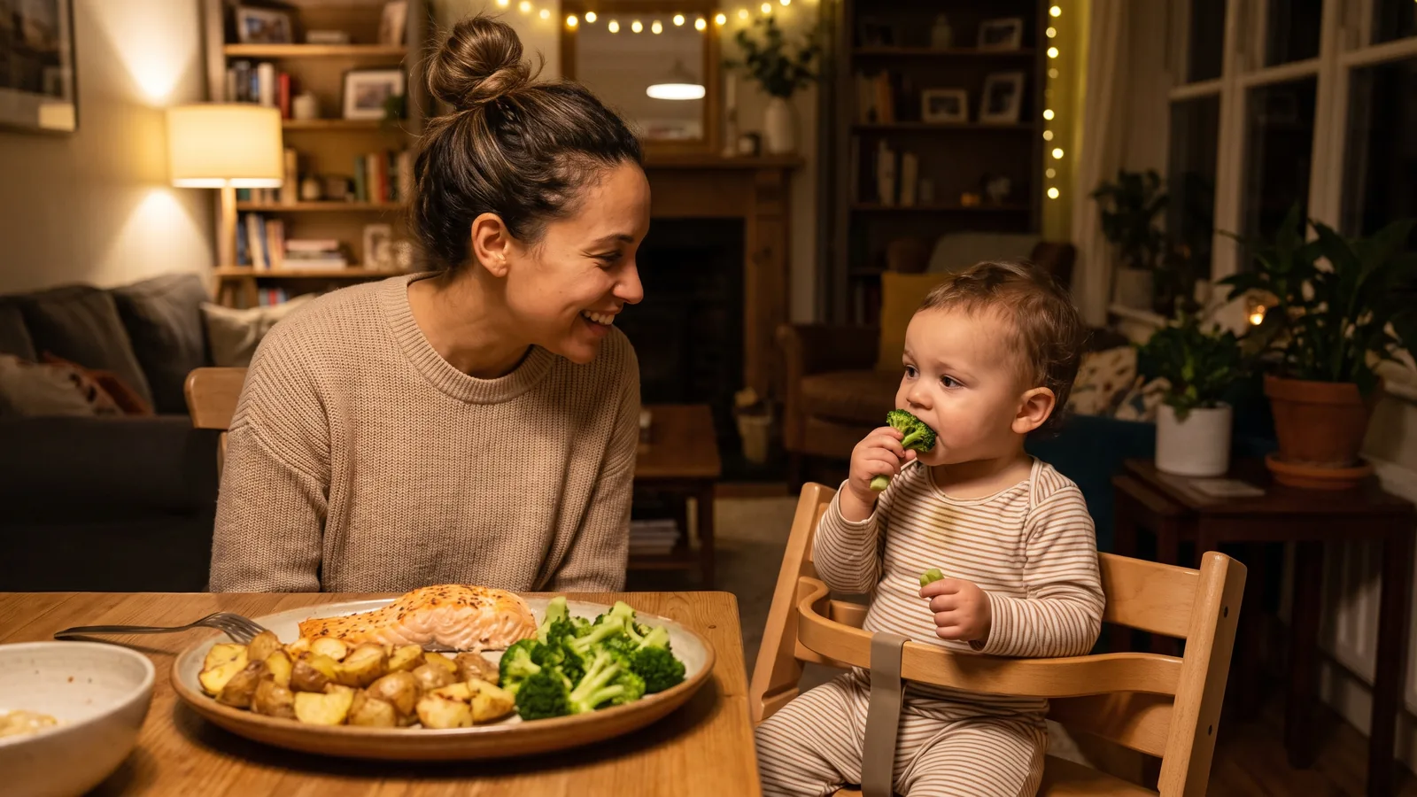 Jantar equilibrado com peixe assado e vegetais