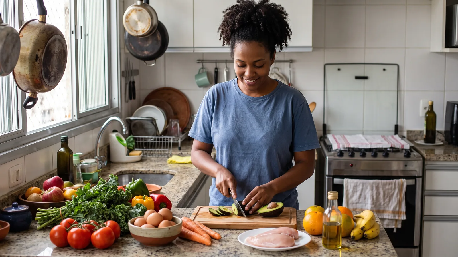 Mulher preparando refeições equilibradas com alimentos naturais e variados