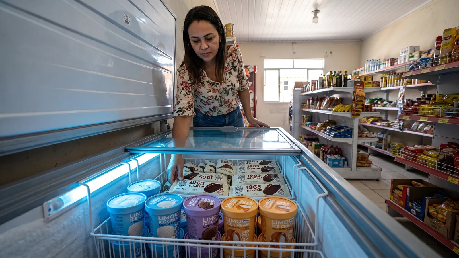 Freezer de sorvetes bem posicionado em uma pequena loja de bairro.