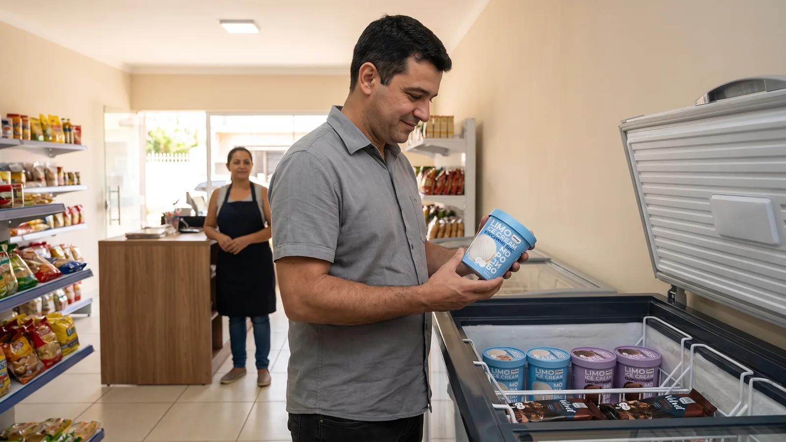 Cliente comprando sorvete Gelimo em uma pequena revenda.