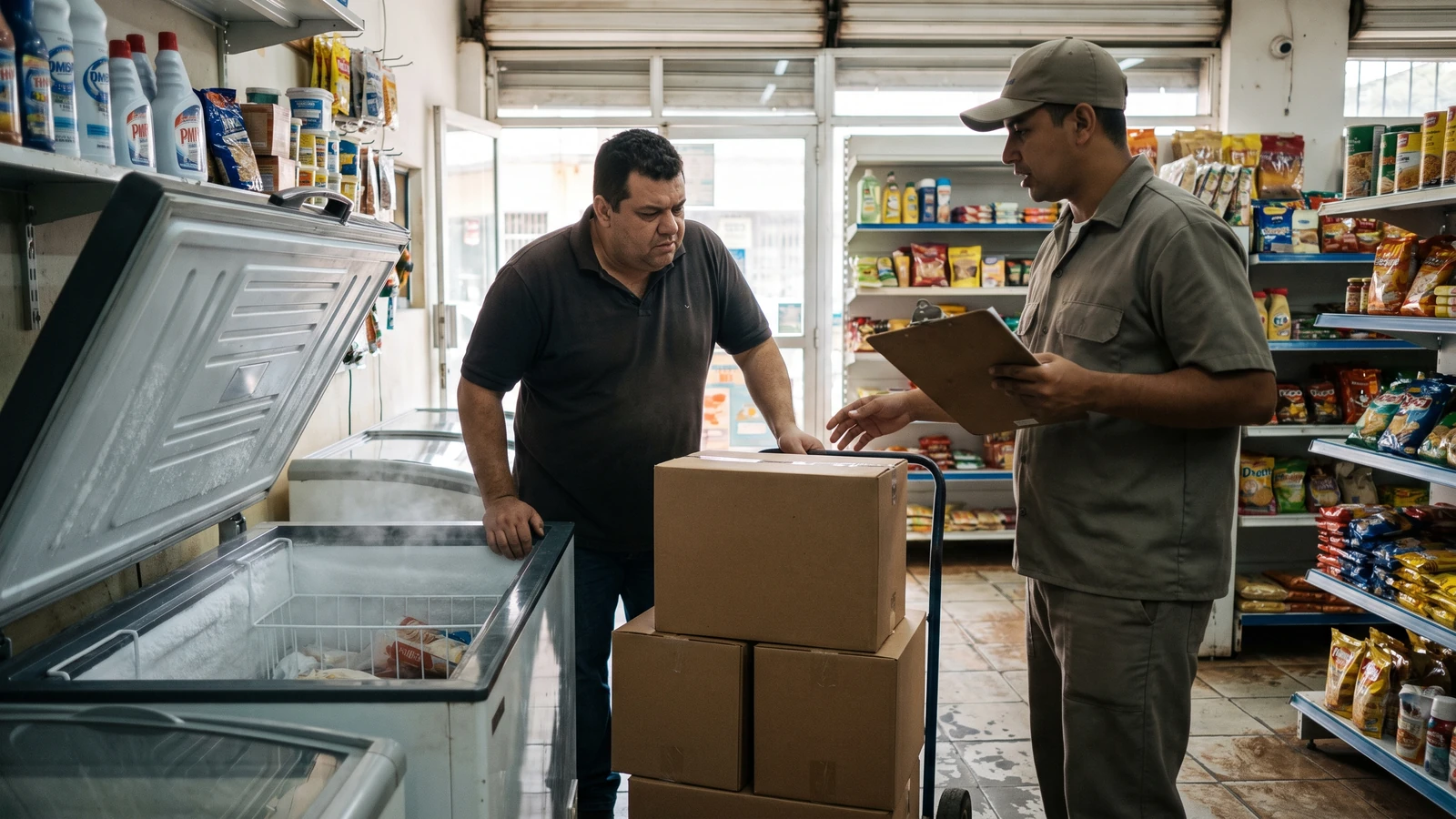 Recebimento de uma entrega de sorvetes em um ponto de venda.