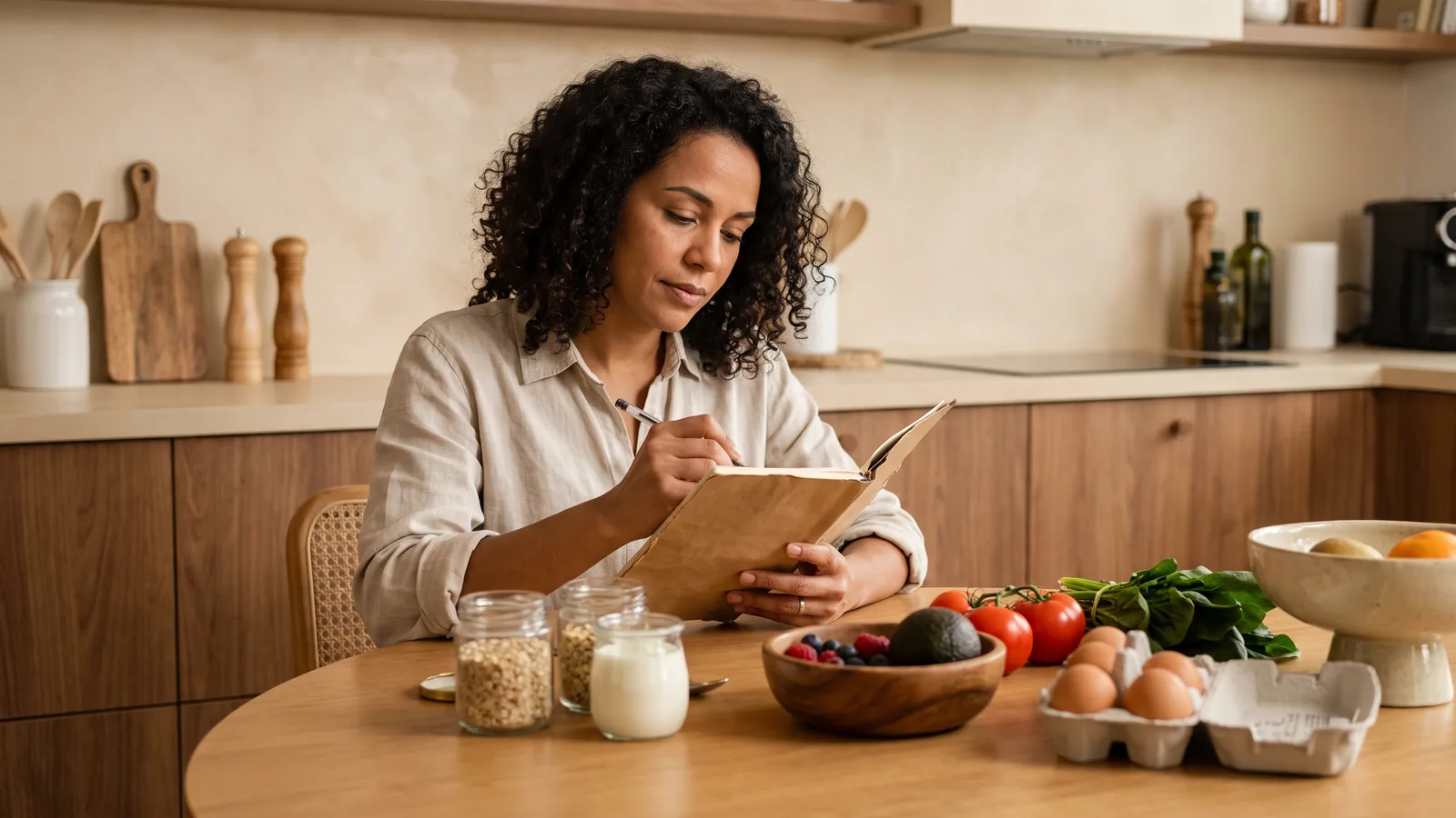 Planejamento do cardápio semanal na cozinha com produtos frescos e variados