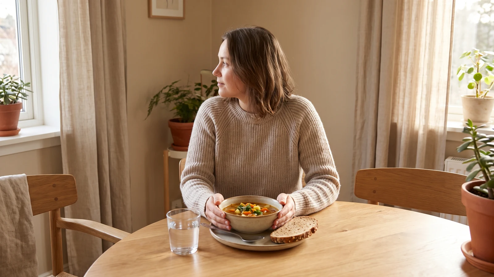 Pessoa comendo com calma em casa, sem pressa, como exemplo de relação saudável com a comida