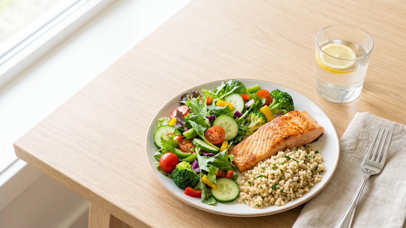 Prato equilibrado ao estilo do prato de Harvard, com vegetais, proteína e grãos integrais, para uma dieta para emagrecer sem sofrimento