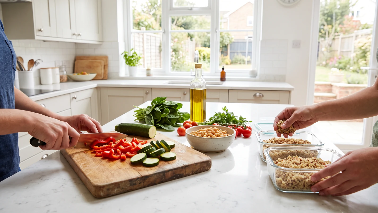 Pessoa preparando um almoço saudável em casa com ingredientes naturais