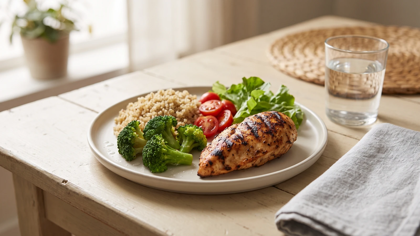 Prato equilibrado com frango grelhado, quinoa e vegetais para ganhar massa muscular.