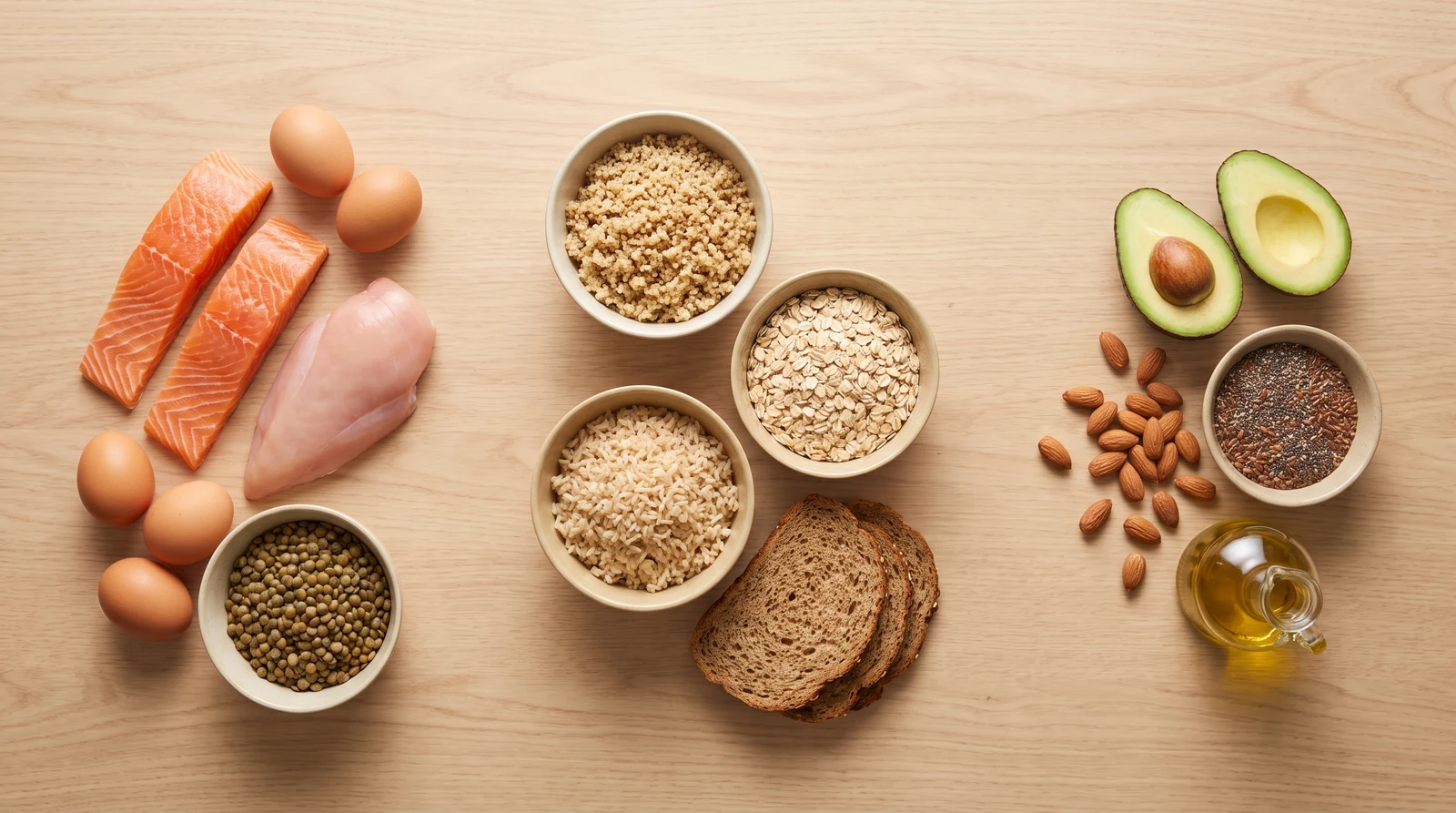 Fontes de proteínas, carboidratos e gorduras saudáveis organizadas sobre uma mesa.