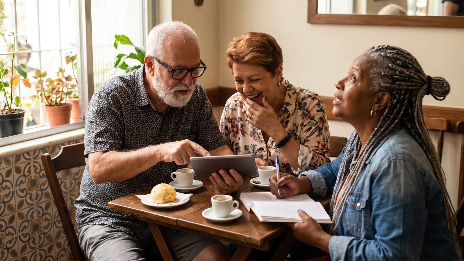 Amigos brasileiros maduros conversando e aprendendo juntos em um café
