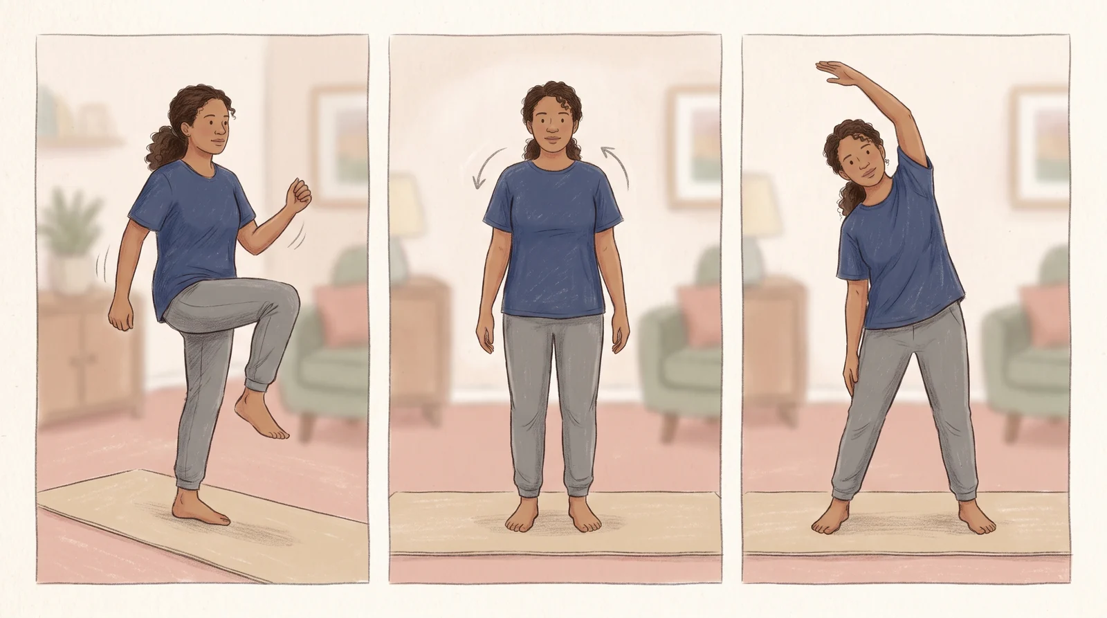 Três exercícios simples de aquecimento: caminhada no lugar, rotação das articulações e inclinação lateral