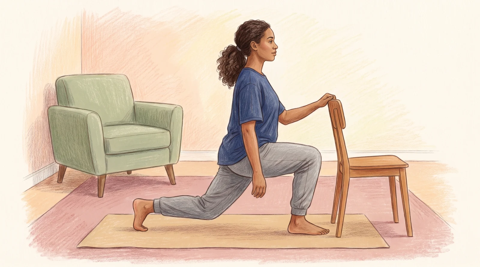 Pessoa fazendo afundo no lugar em casa, com apoio leve em uma cadeira ao lado