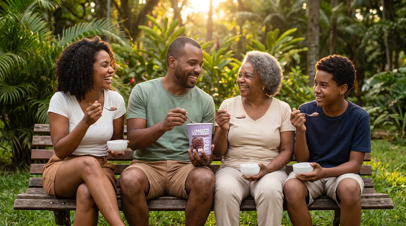 Família e amigos descansando em um banco do parque depois de uma caminhada, compartilhando sorvetes Gelimo