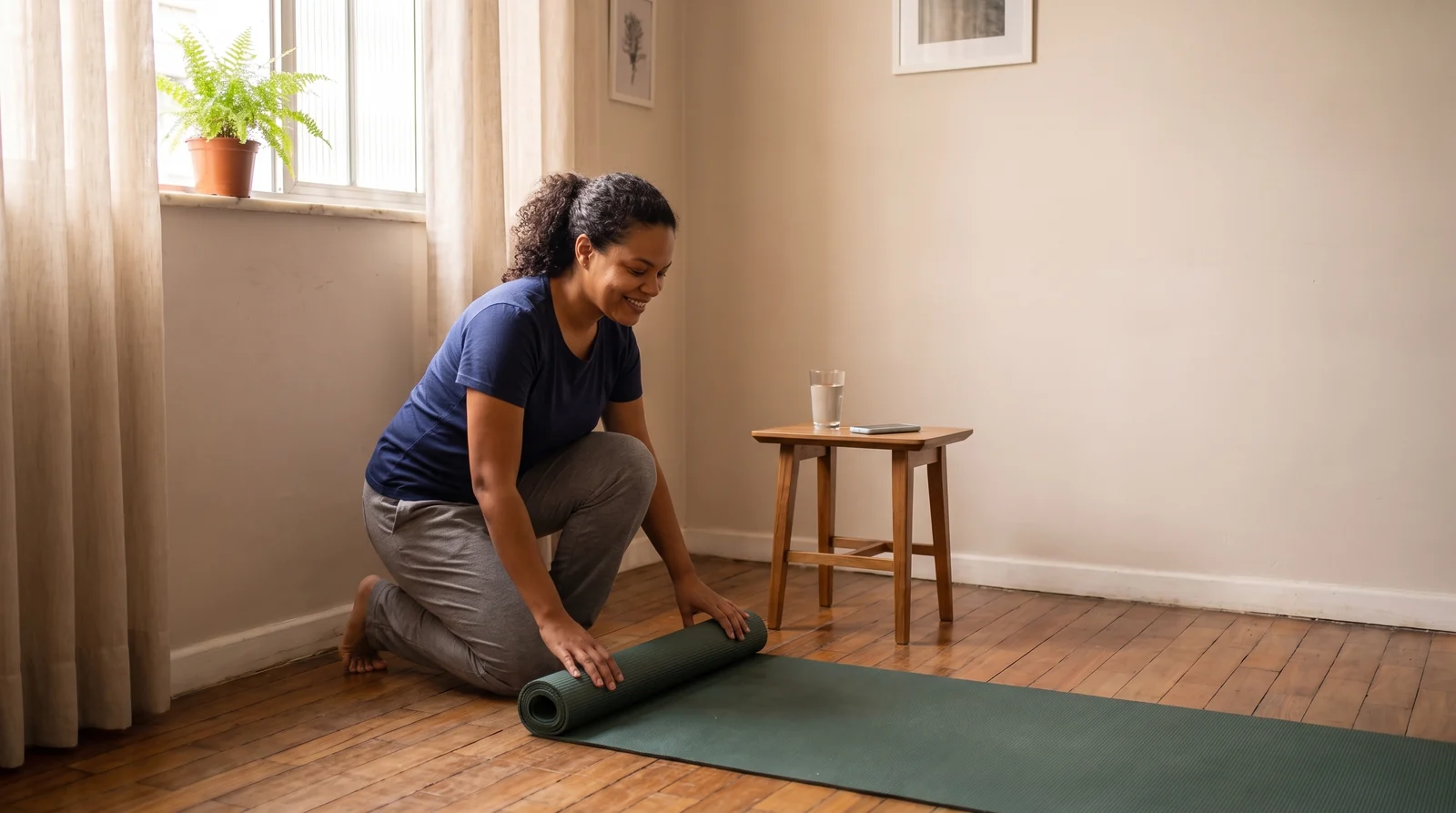 Tapete estendido na sala, com espaço livre e luz natural, pronto para um treino em casa
