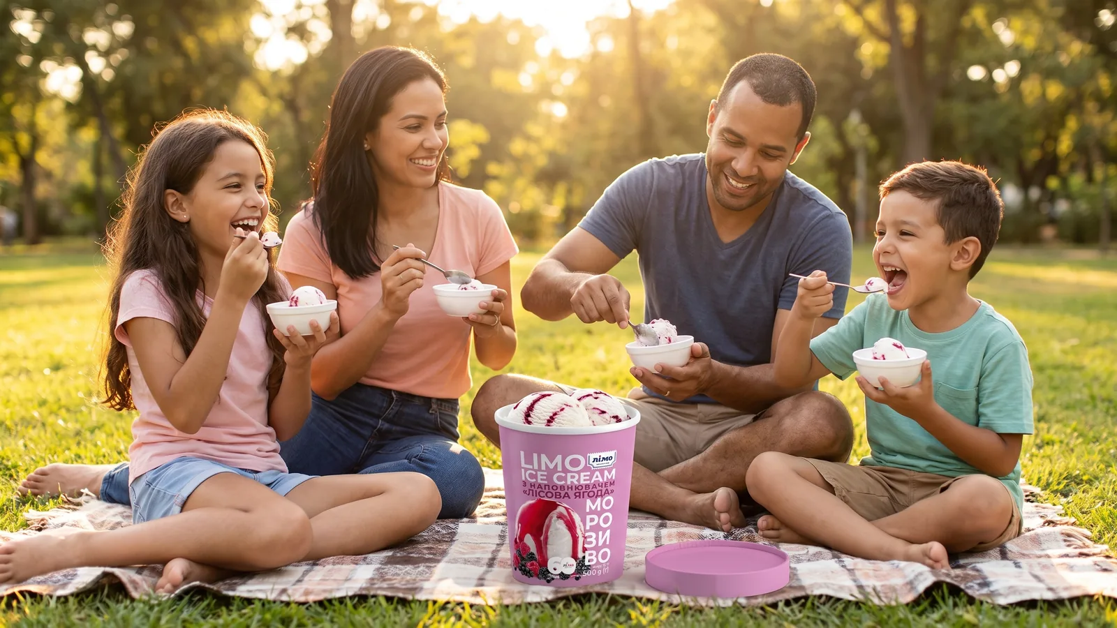 Família compartilhando um pote de sorvete Gelimo em um piquenique no parque