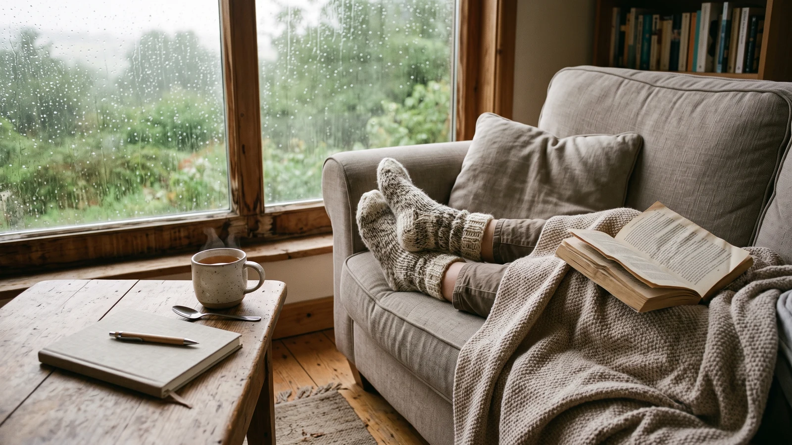 Momentos simples de descanso com chá, livro, cobertor e uma paisagem tranquila