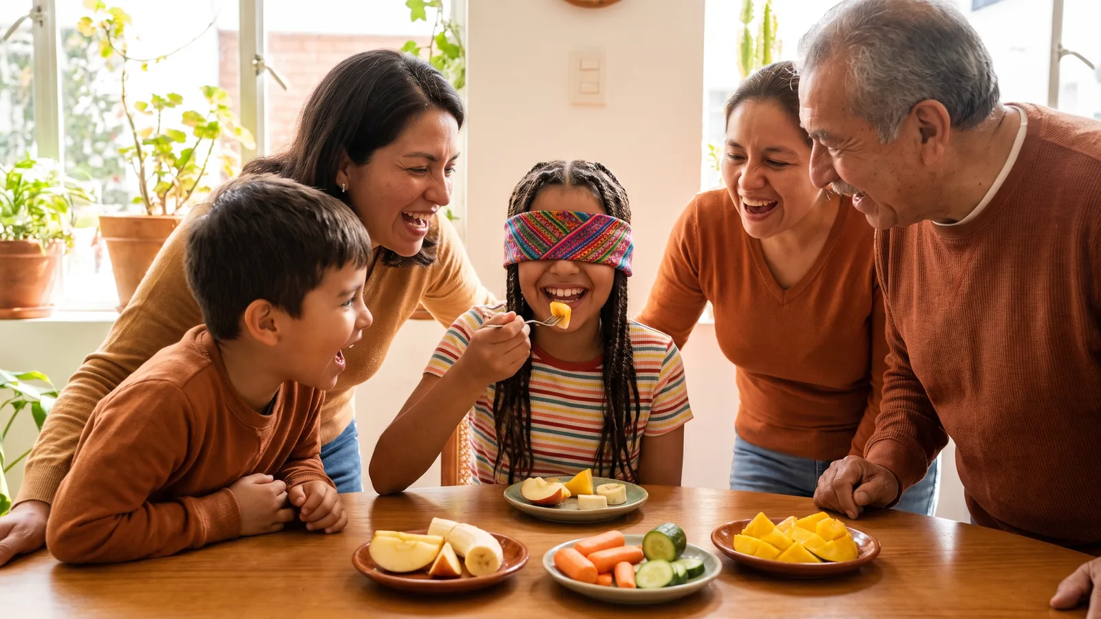 Criança participando de uma brincadeira para adivinhar alimentos pelo sabor