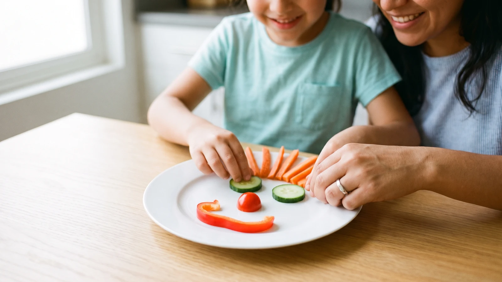 Família brincando com alimentos e criando desenhos divertidos com frutas e vegetais