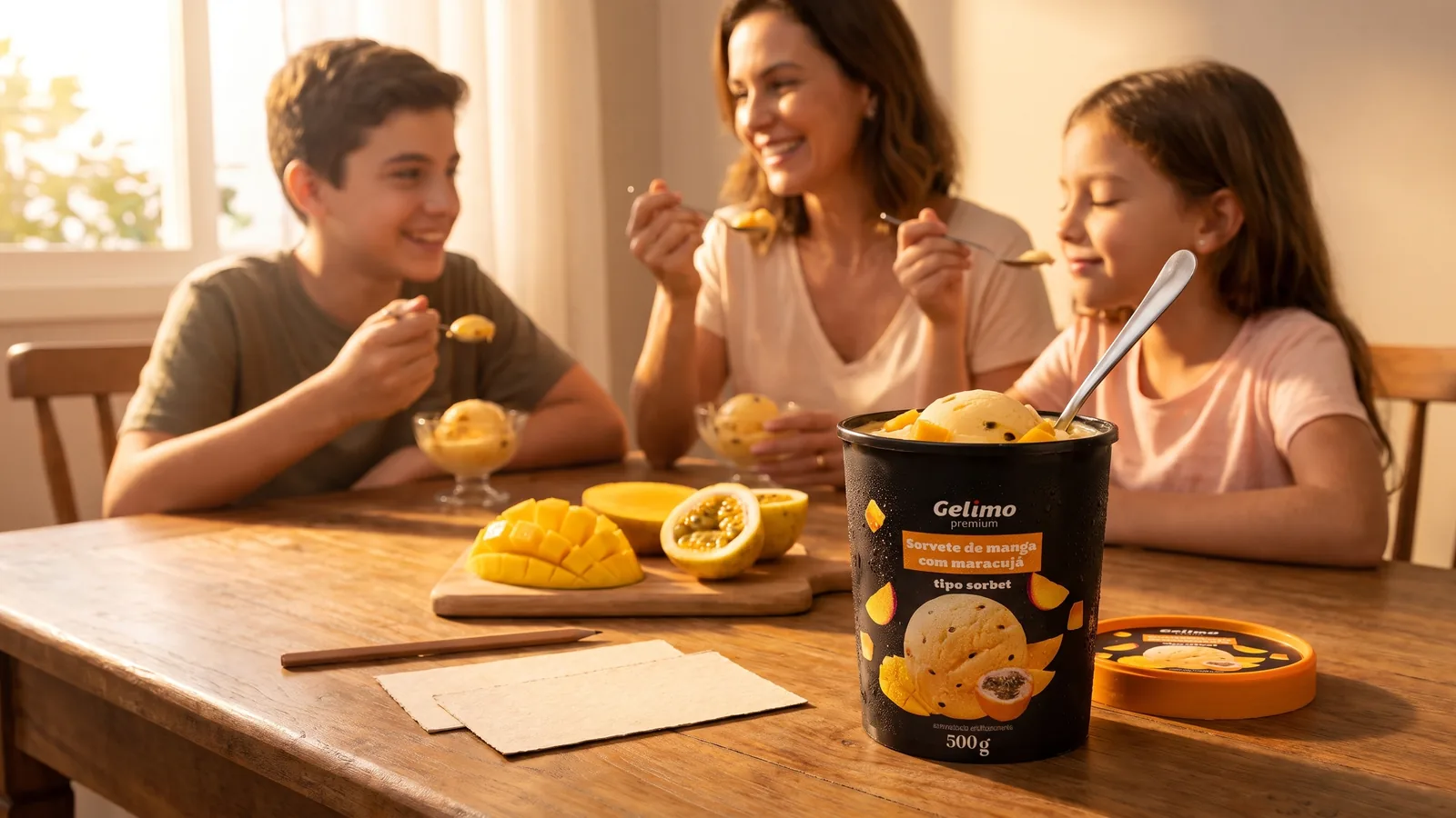 Família participando de uma degustação consciente de sorvete Gelimo e compartilhando suas impressões