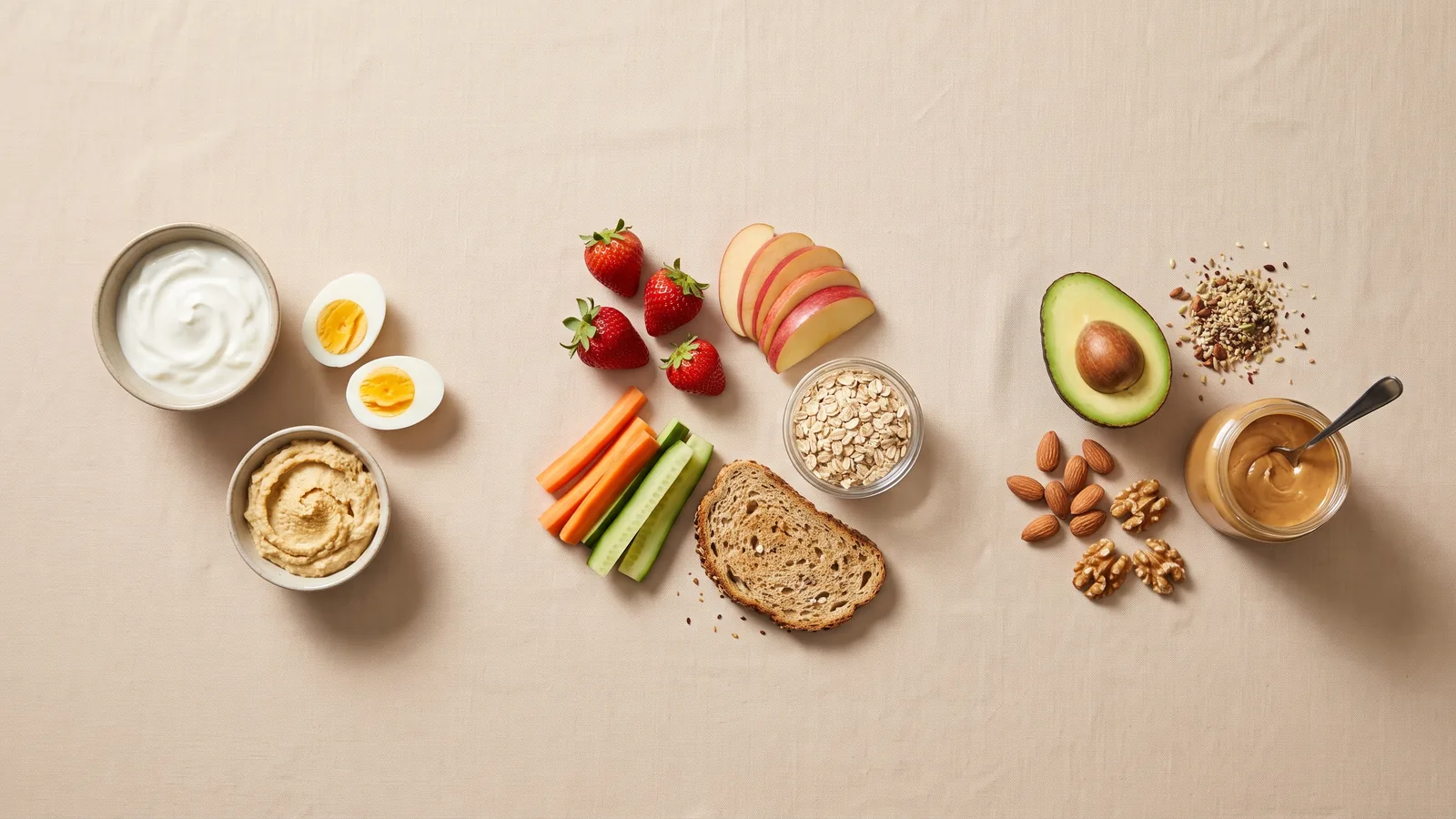 Alimentos com proteínas, fibras e gorduras boas para montar um lanche equilibrado
