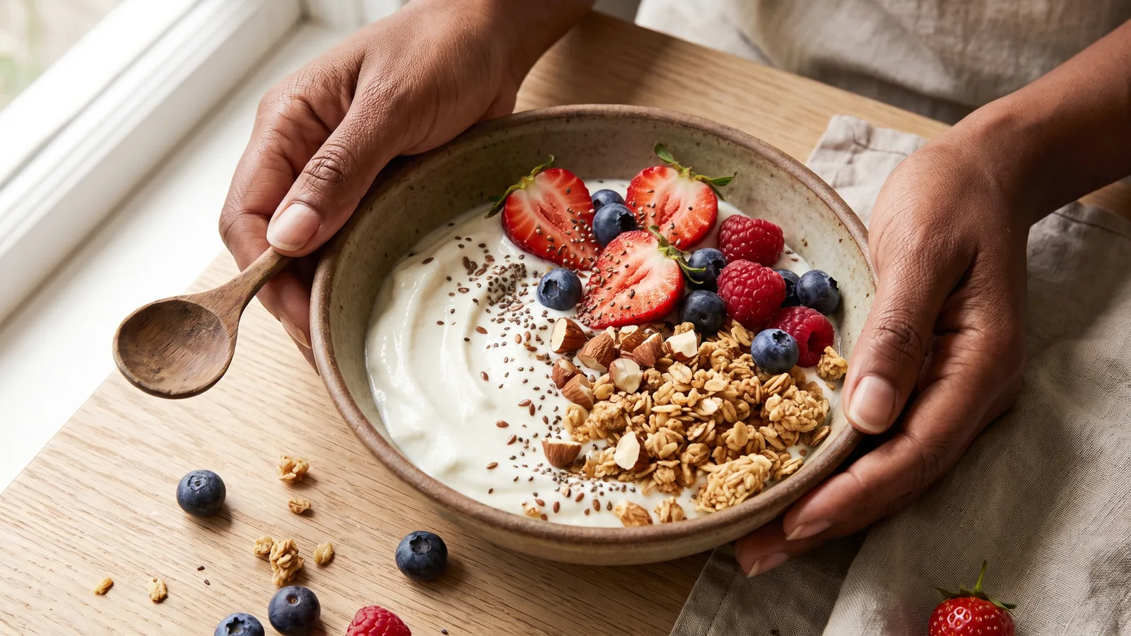 Iogurte natural com frutas vermelhas, granola e sementes como opção de lanche saudável e rápido