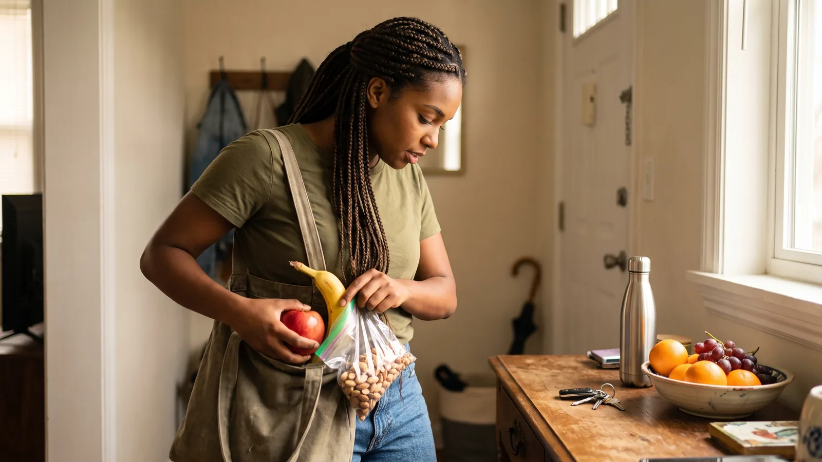 Mulher negra colocando frutas e castanhas na bolsa para ter um lanche saudável e prático durante o dia