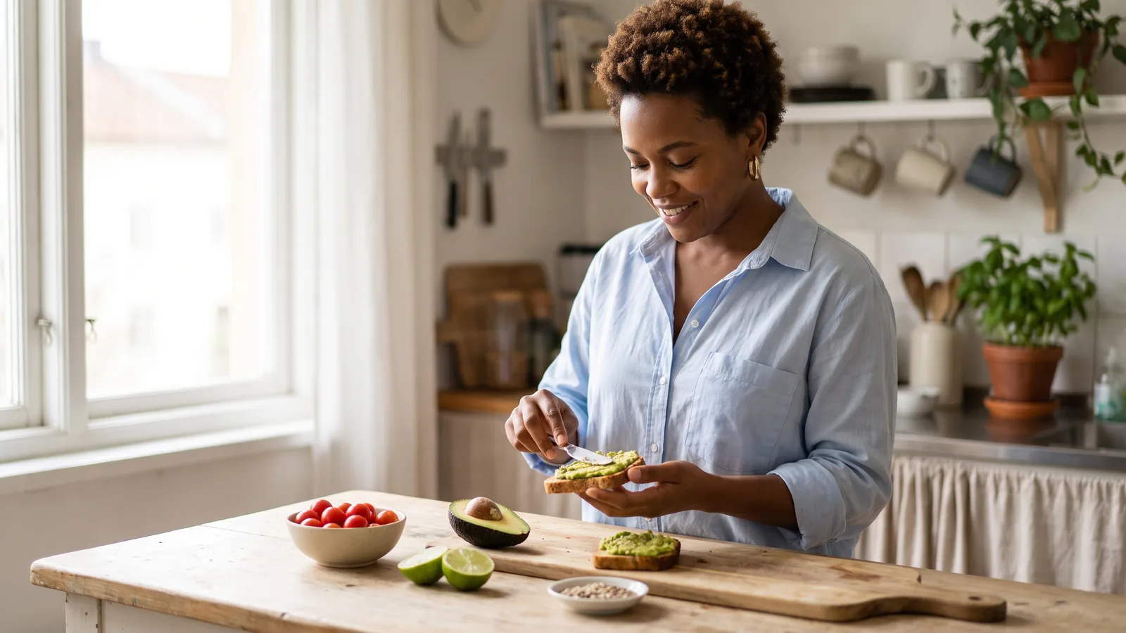 Pessoa negra preparando torrada integral com abacate, sementes e tomate como lanche saudável e prático