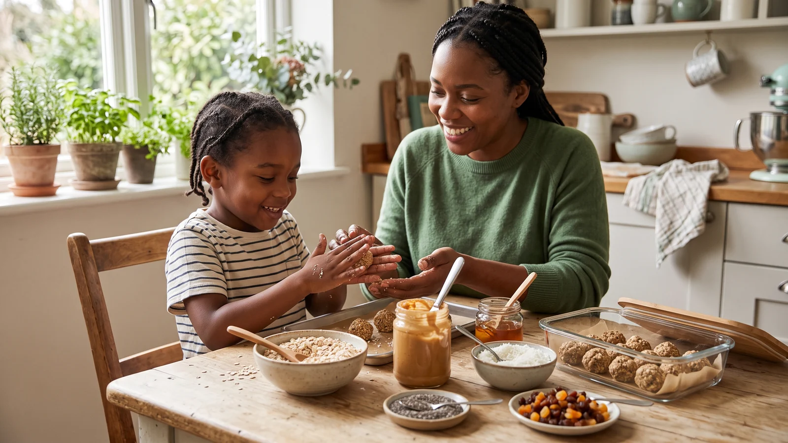 Criança preparando bolinhas de aveia com pasta de amendoim e coco.