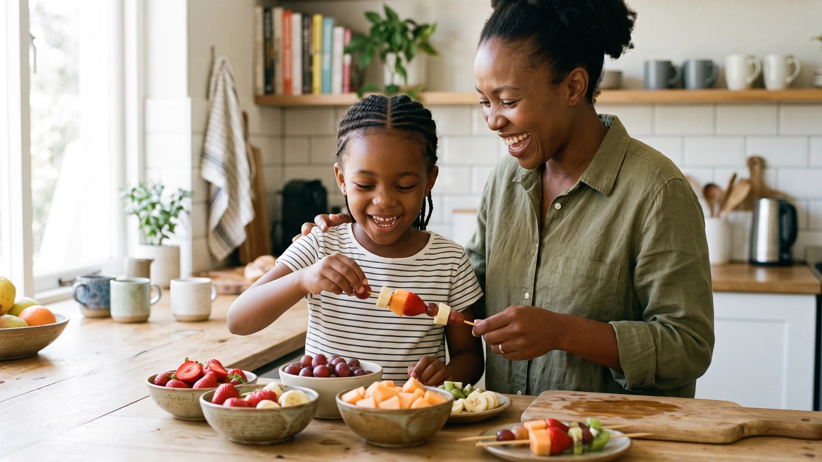 Mãe e criança preparando juntas um lanche saudável com frutas coloridas na cozinha.