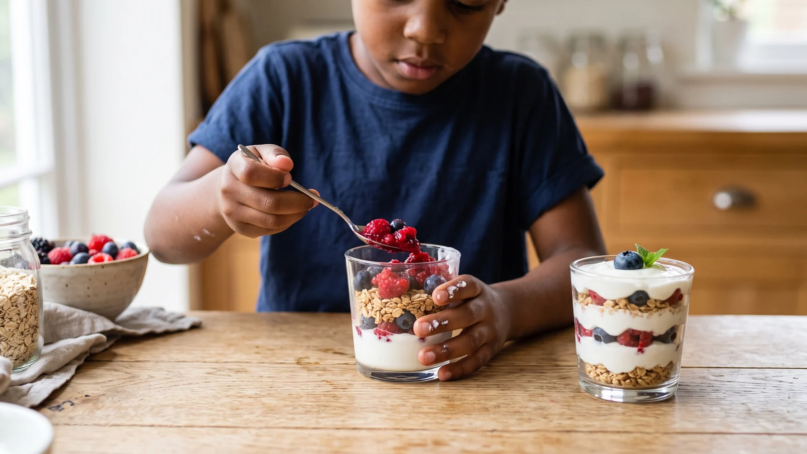 Copinho de iogurte natural com frutas e aveia preparado por uma criança.