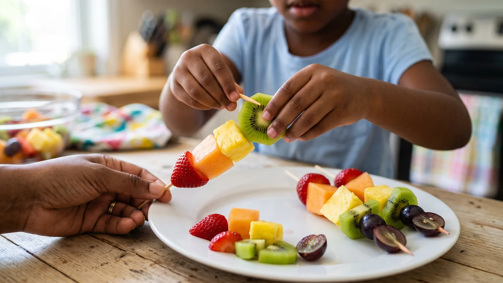 Espetinhos coloridos de frutas preparados como um lanche divertido para crianças.