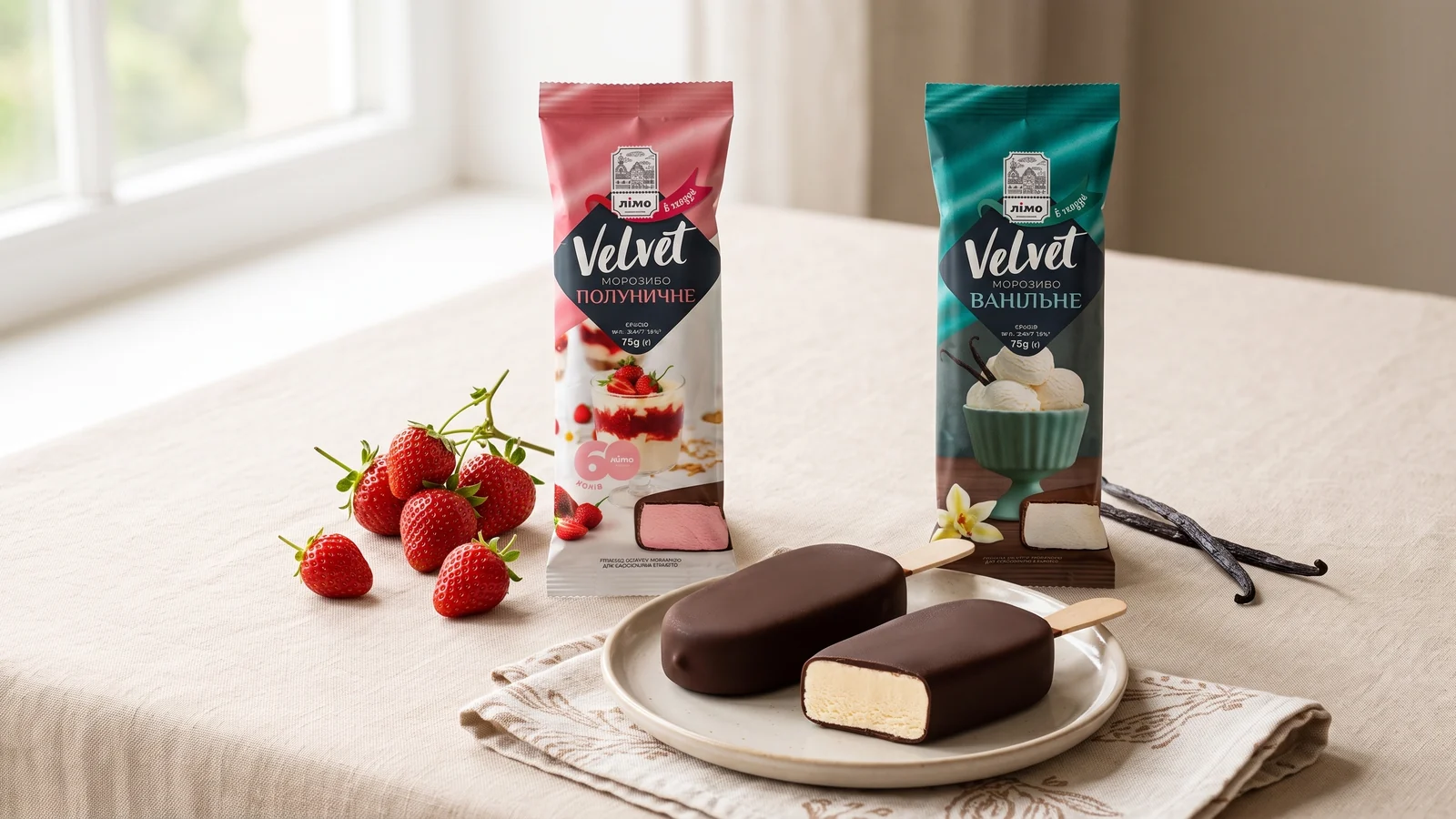 Sorvetes Gelimo Velvet Morango Zero e Baunilha Zero sem adição de açúcar.