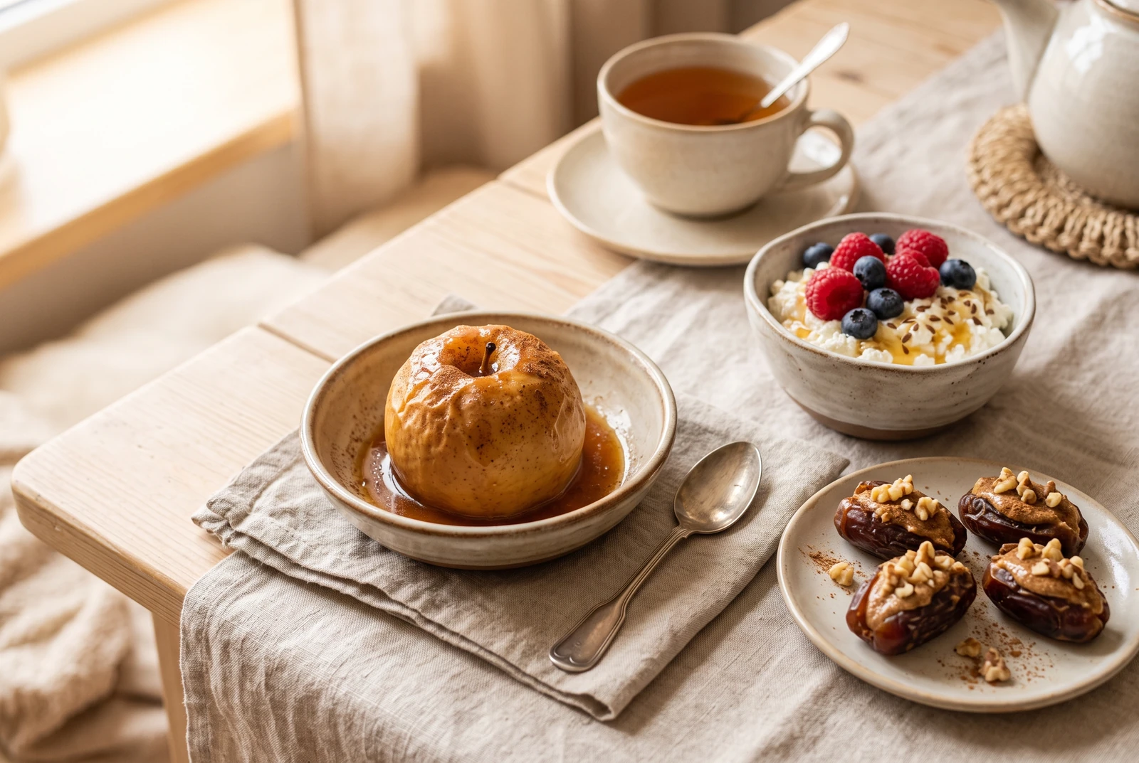 Lanches doces e saudáveis: maçã assada com canela, tâmaras recheadas e mousse de frutas vermelhas