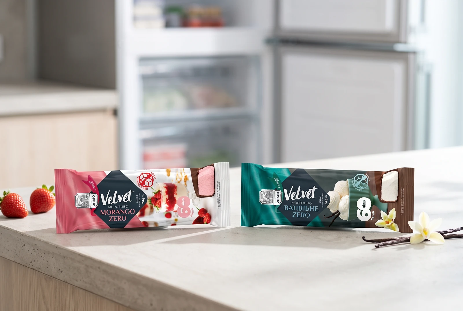 Sorvetes Gelimo Velvet Morango Zero e Velvet Baunilha Zero, sem adição de açúcar