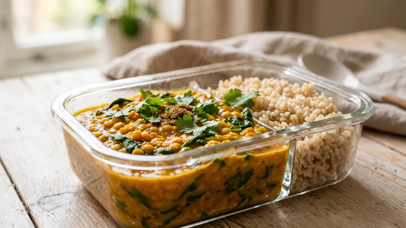 Marmita fitness vegetariana com curry de lentilha e arroz integral